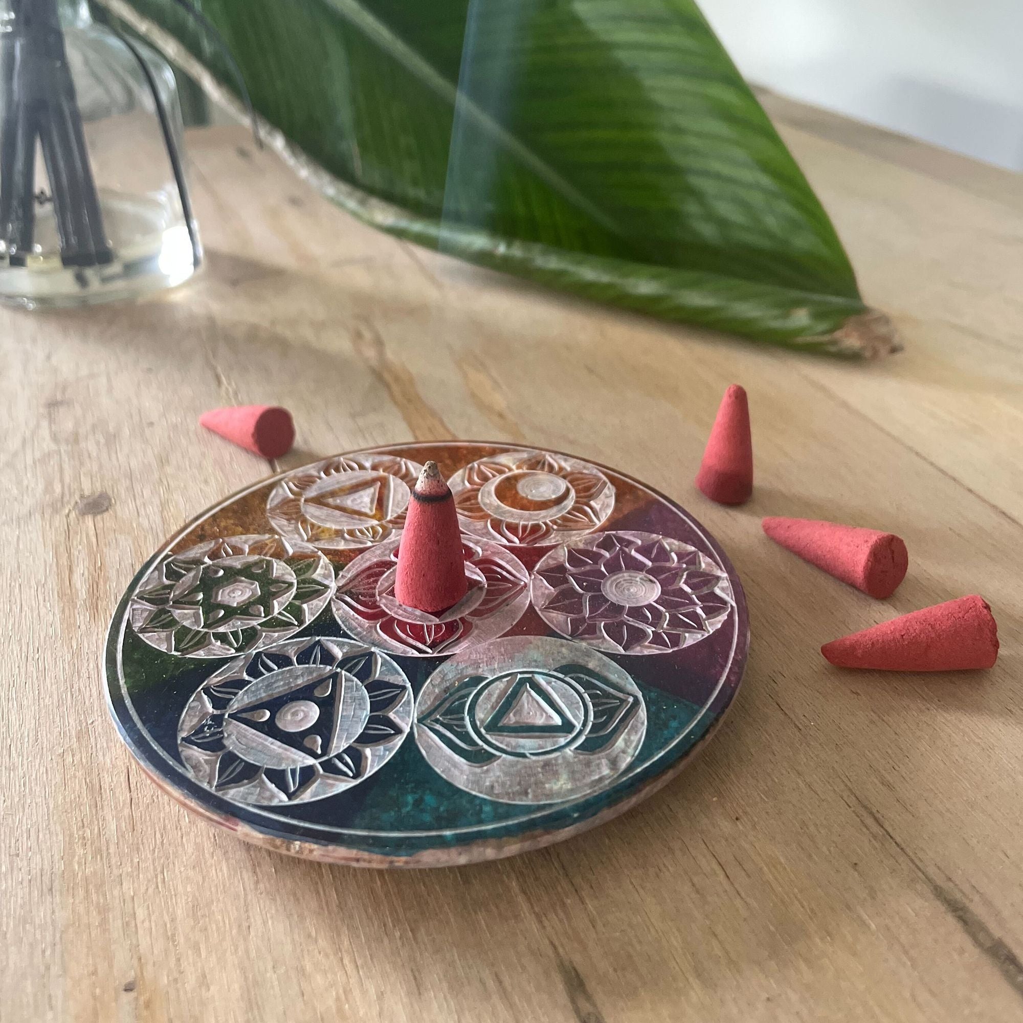 Seven Chakra Soapstone Disc Incense Cone Holder 10cm