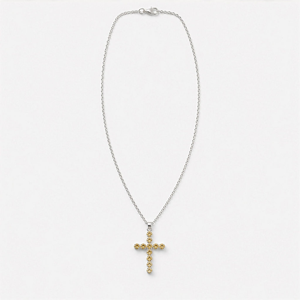Citrine Crucifix Pendant | Silver Plated | 45cm Chain