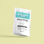 Package of healing incense powder with eucalyptus on a light green background