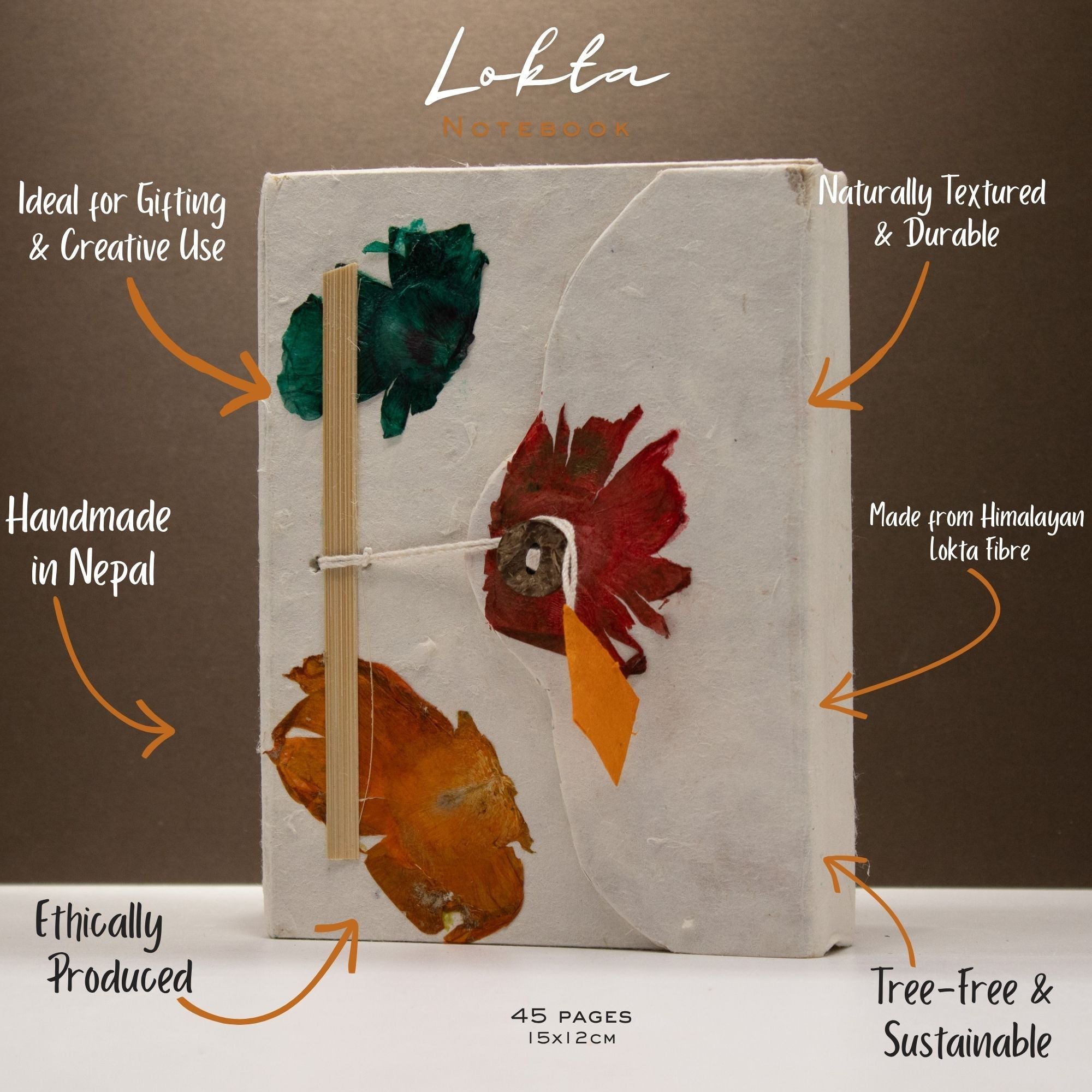 Lokta Paper Button Lock Notebook | Real Himalayan Floral Design | 15x12cm