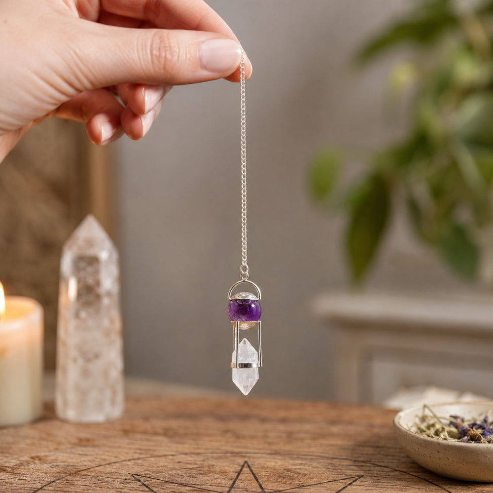 Seeker of Truth Double Power Pendulum - Amethyst Globe & Clear Quartz