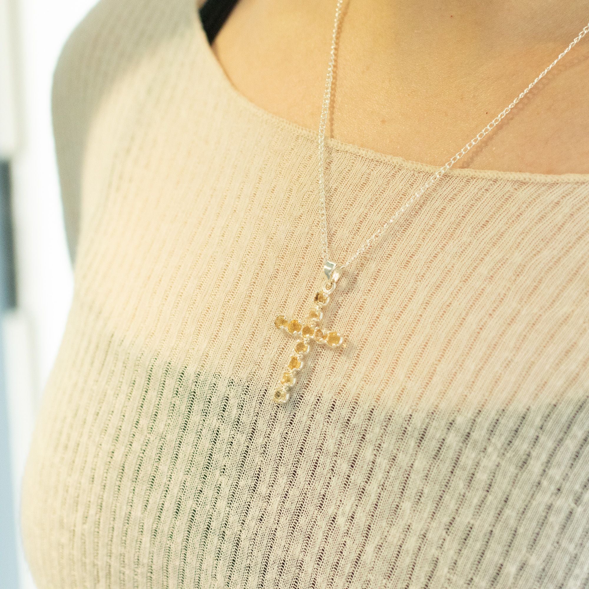 Citrine Crucifix Pendant | Silver Plated | 45cm Chain
