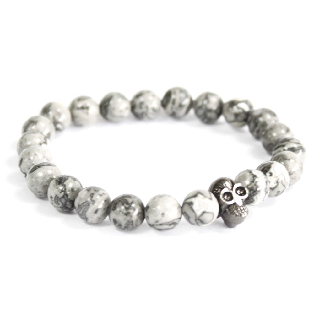 Pewter Skull Grey Agate Gemstone Bracelet