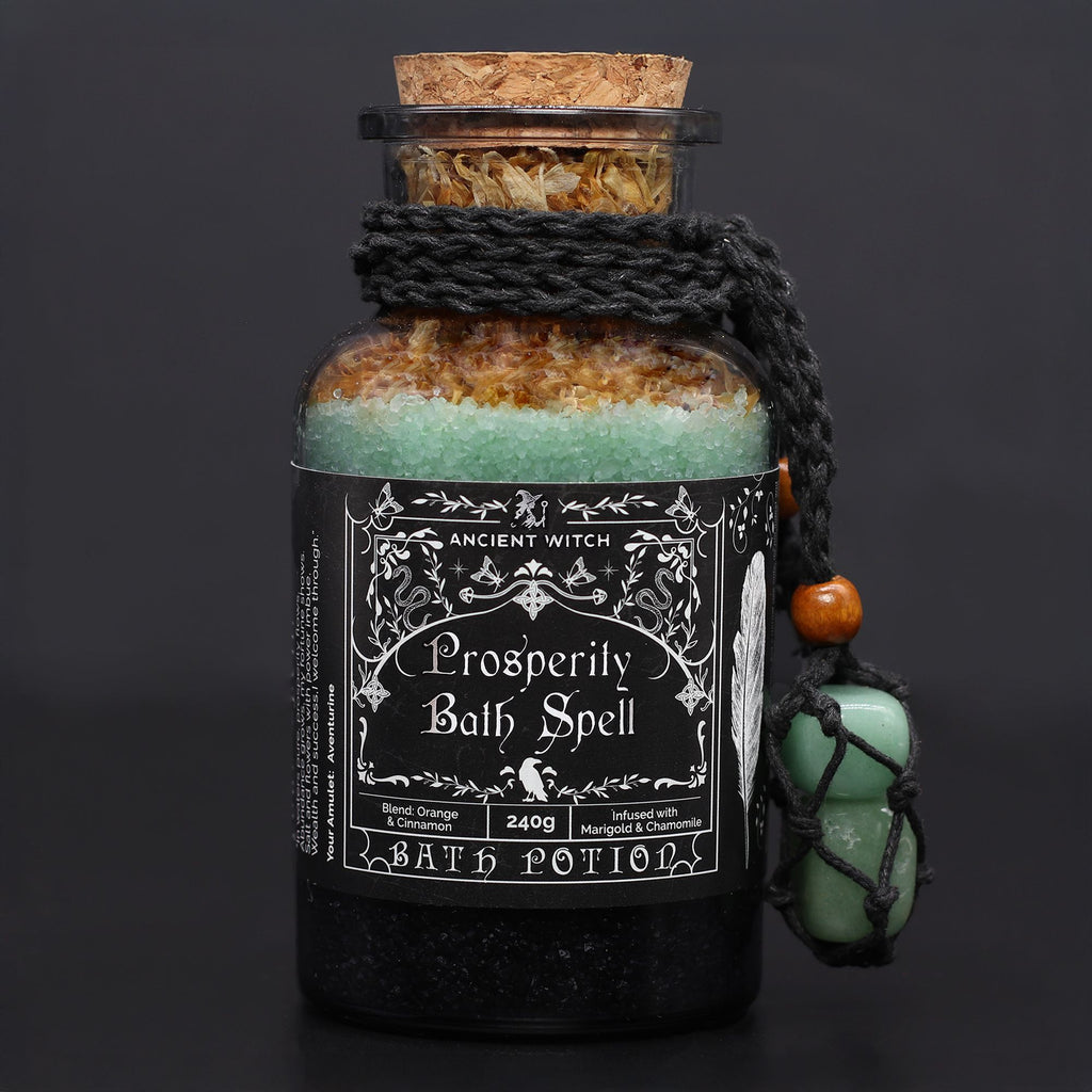 Ancient Witch Prosperity Bath Spell Potion & Aventurine Crystal Amulet