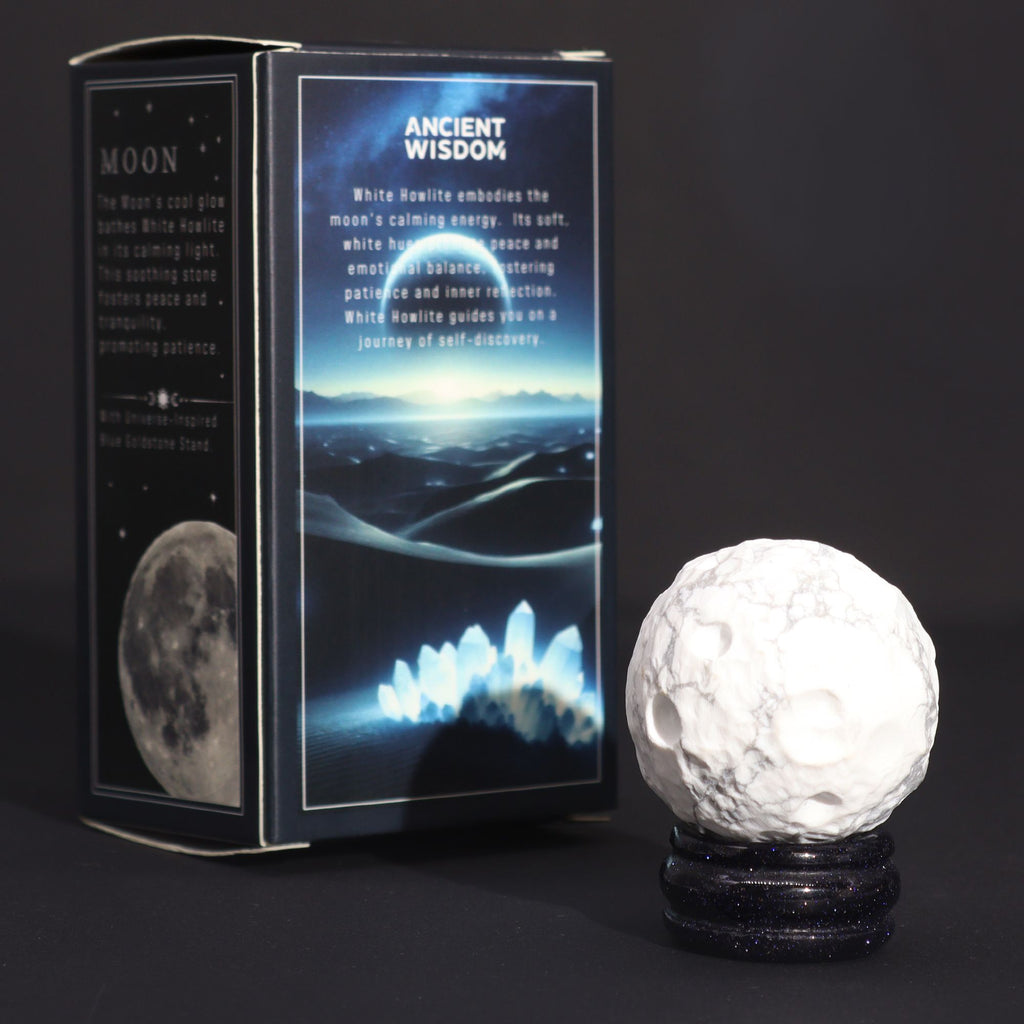 White Howlite Gemstone Planet | Moon | Solar Goldstone Stand