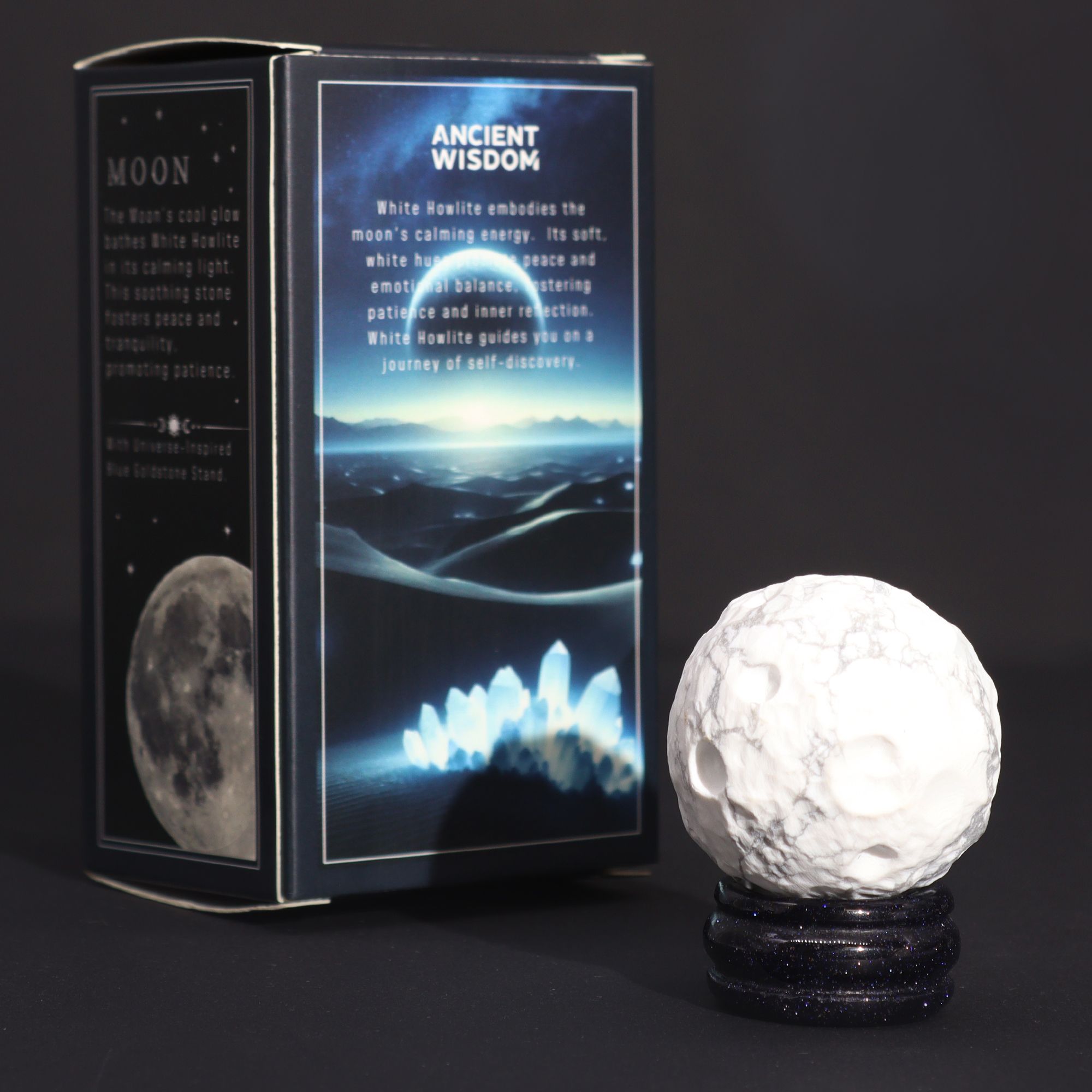 White Howlite Gemstone Planet | Moon | Solar Goldstone Stand