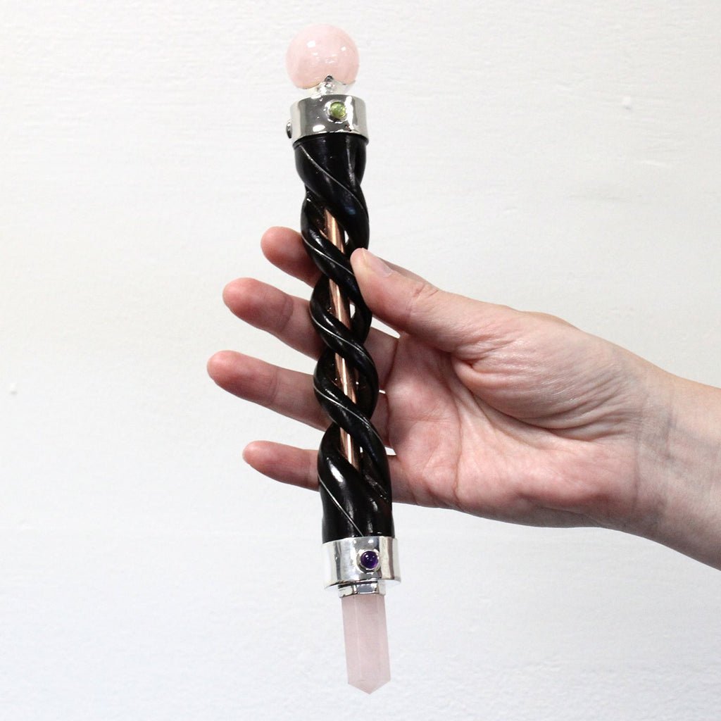 Spiral Carving Healing Wand — Copper Pipe & Amethyst