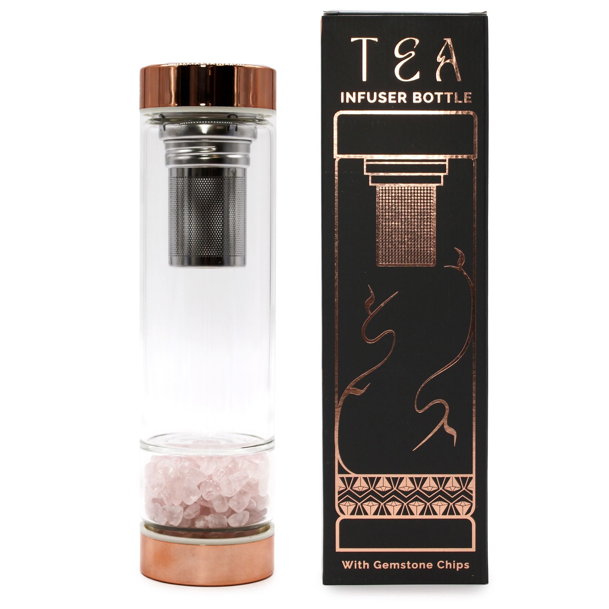 Rose Quartz Crystal Glass Tea Infuser Bottle | Rose Gold | 500ml