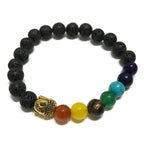 Black beaded bracelet with colorful beads and a gold Buddha head charm on a white background