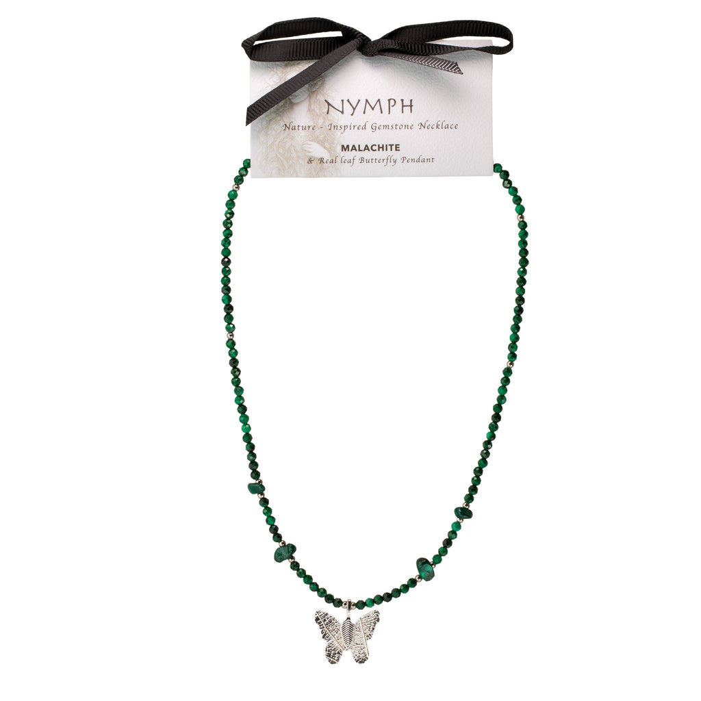 Nymph Malachite Gemstone Necklace | Real Leaf Butterfly Pendant