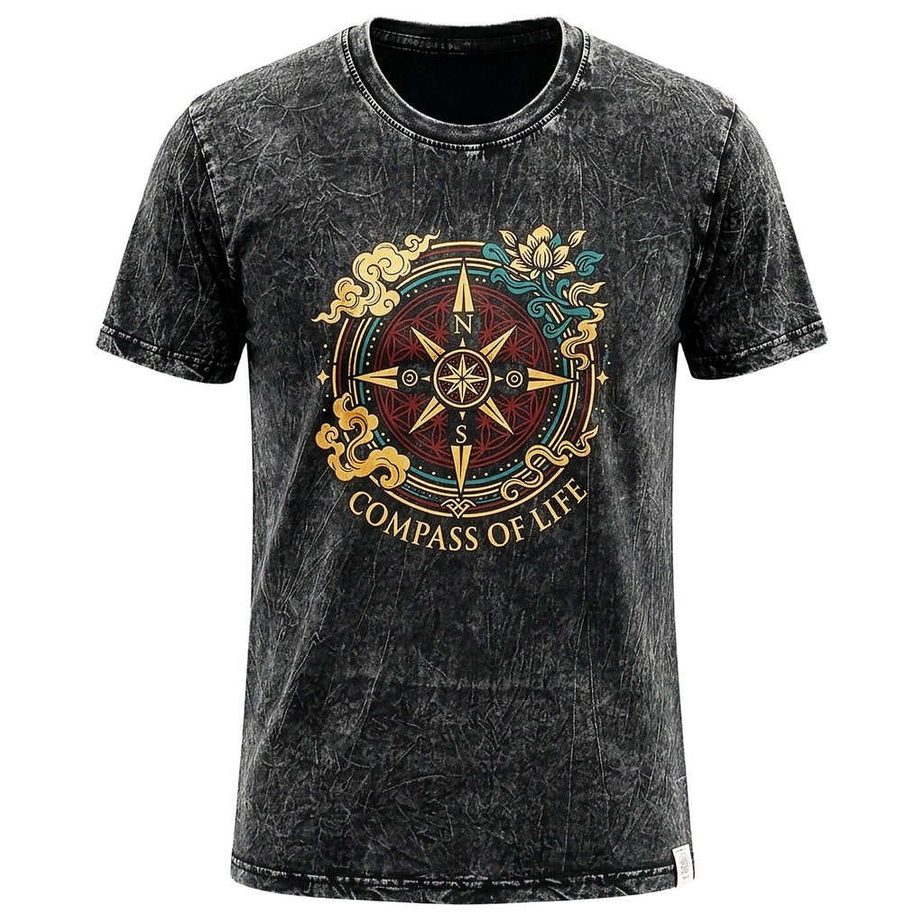 Nomad Sari Stonewashed Cotton T-Shirt | Compass of Life | Charcoal | XL
