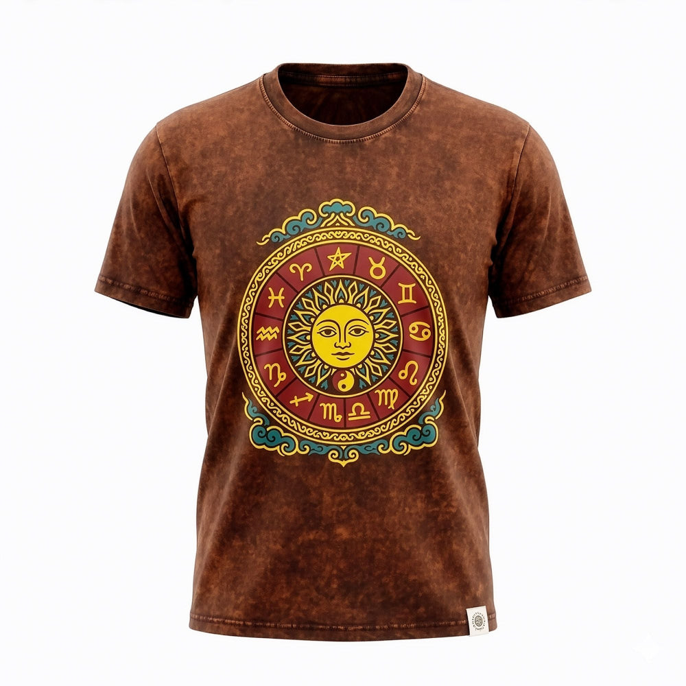 Nomad Sari Stonewashed Cotton T-Shirt | Sun & Zodiac | Brown | Small