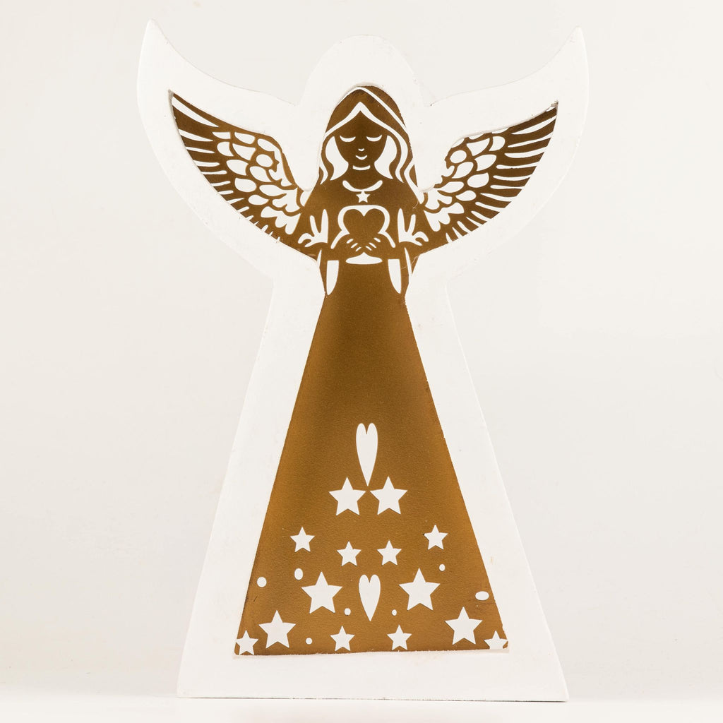 Whitewashed Mango Wood Angel with Iron Cut-Out - Large