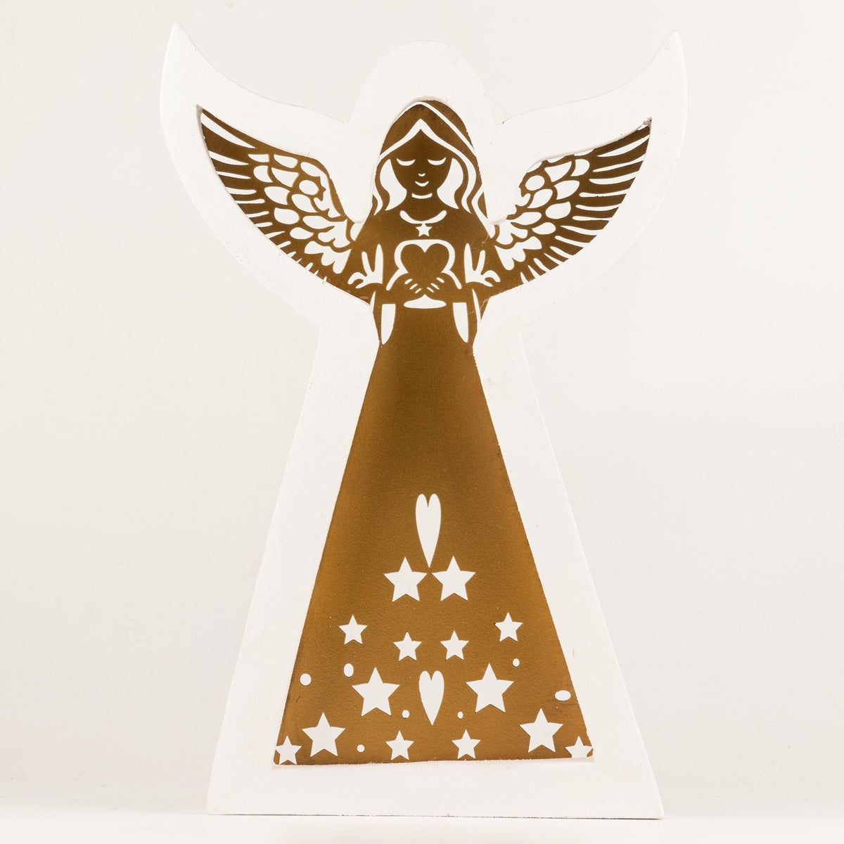 Whitewashed Mango Wood Angel with Iron Cut-Out - Large