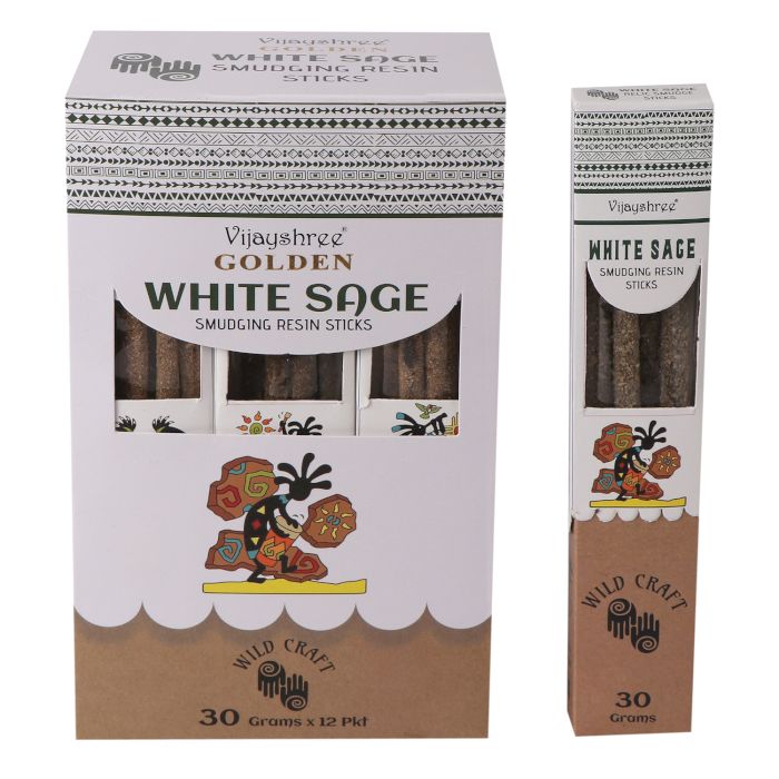 Vijayshree Golden White Sage Smudging Resin Sticks packaging on a white background