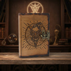 Brown leather notebook with skull and snake design on a white background