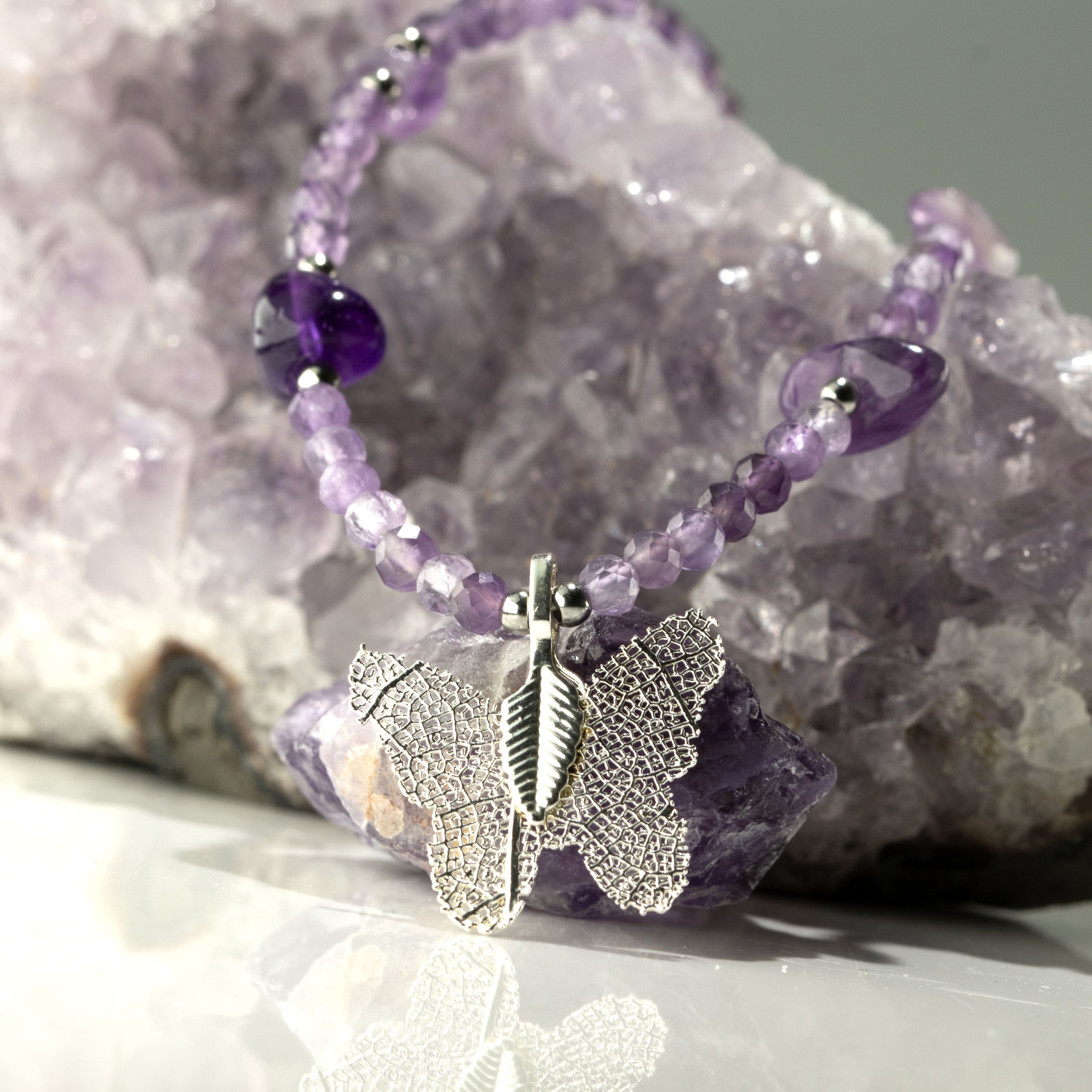 Nymph Amethyst Gemstone Necklace with Real Leaf Butterfly Pendant