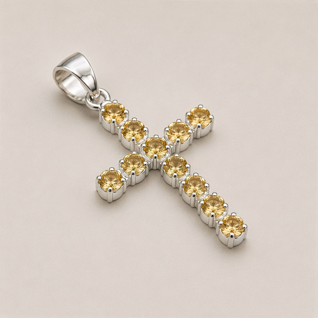 Citrine Crucifix Pendant | Silver Plated | 45cm Chain