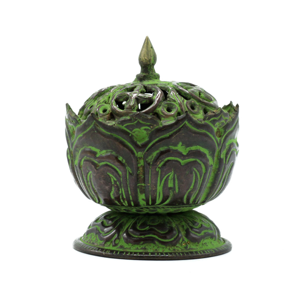 Small Lotus Brass Verdigris Tibetan Incense Burner
