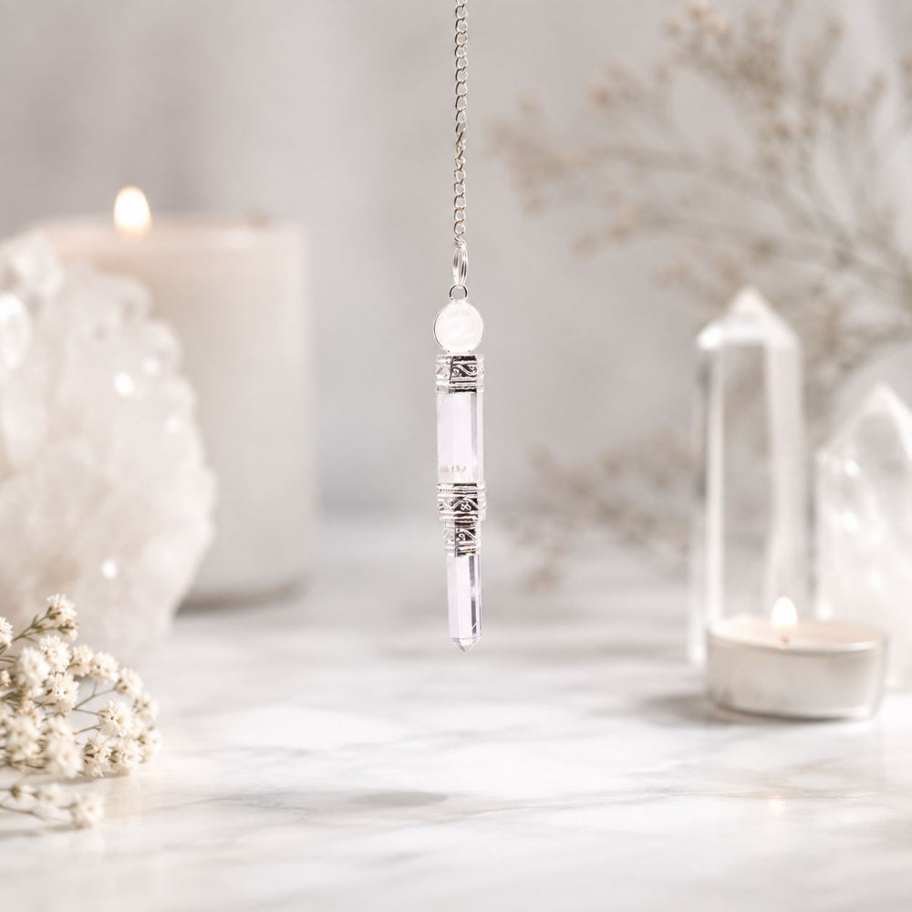 Clear Quartz Pendulum | Faceted Crystal Dowser with Silver-Tone Detail