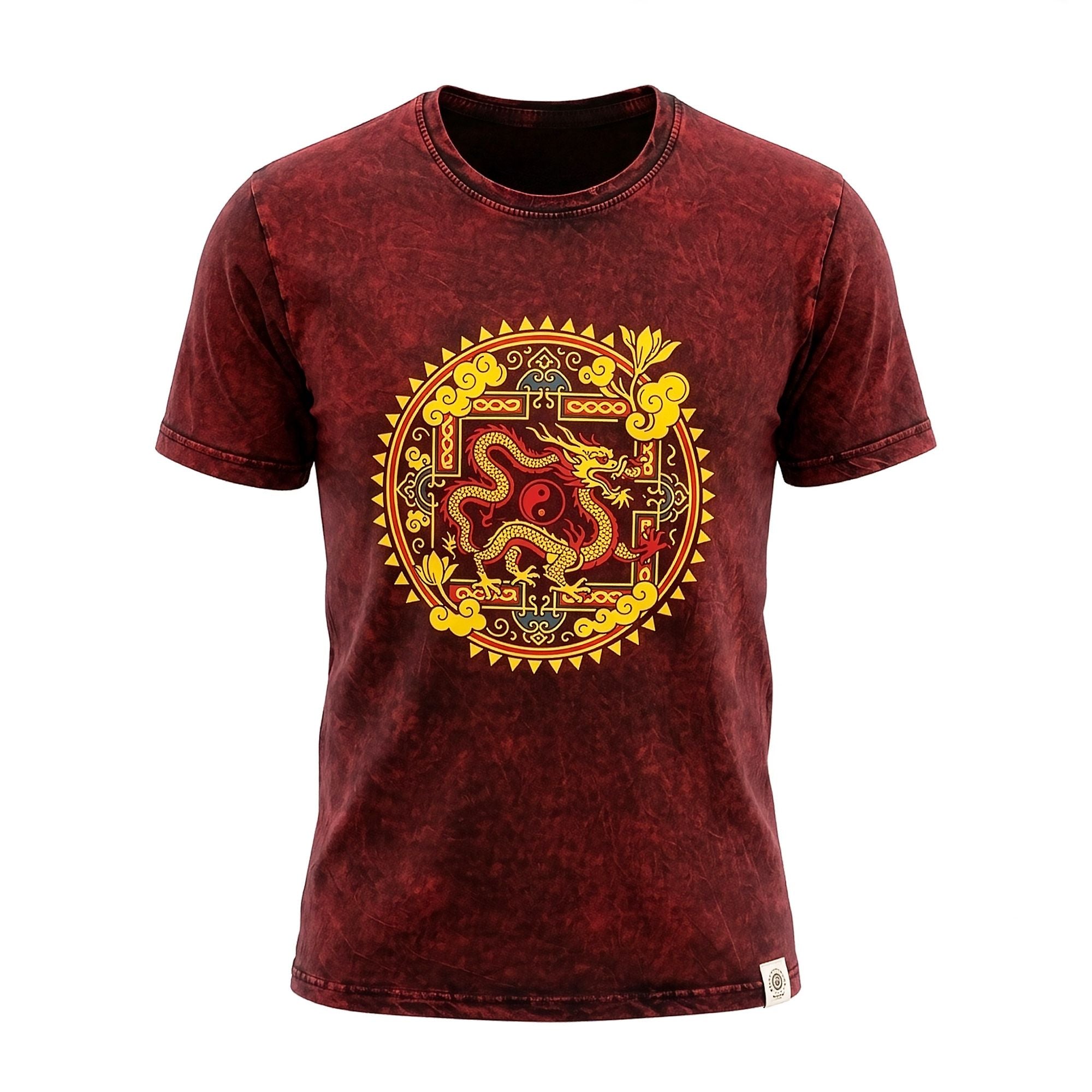 Nomad Sari Stonewashed Cotton T-Shirt | Dragon Mandala | Maroon | Small
