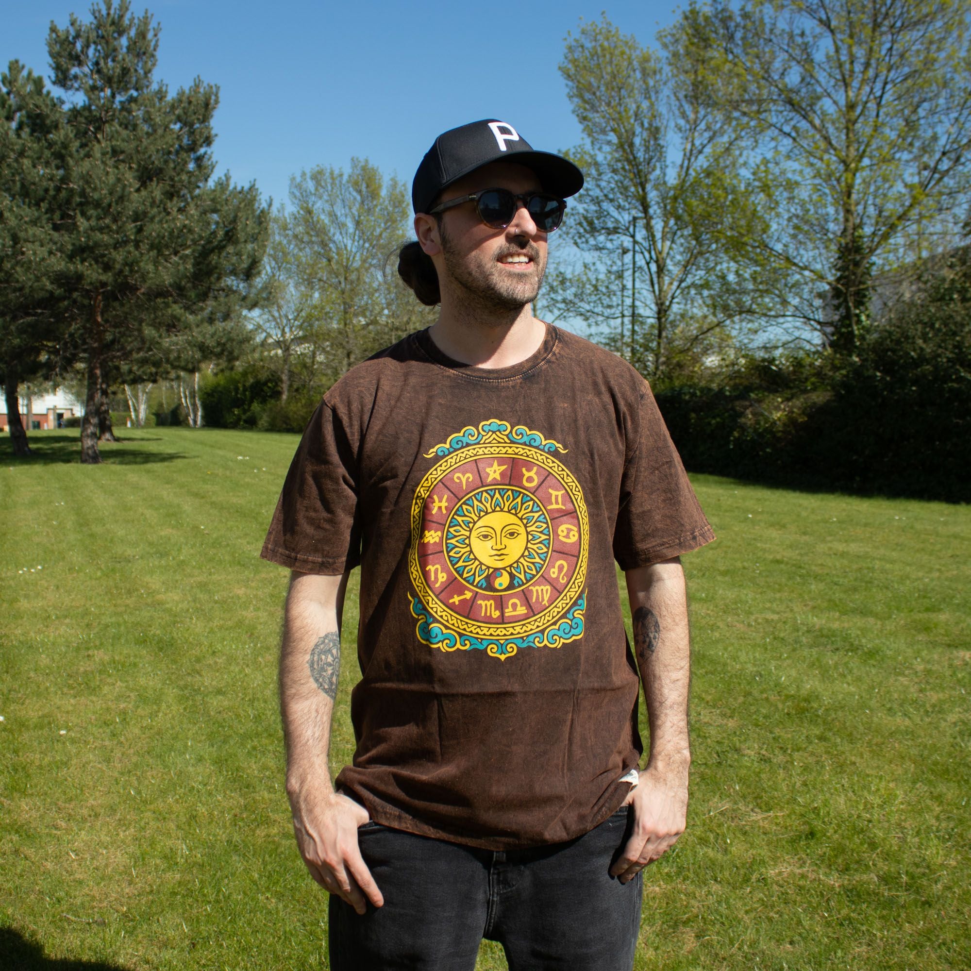 Nomad Sari Stonewashed Cotton T-Shirt | Sun & Zodiac | Brown | Large