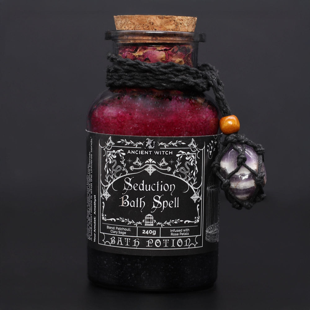Ancient Witch Seduction Bath Spell Potion & Amethyst Crystal Amulet
