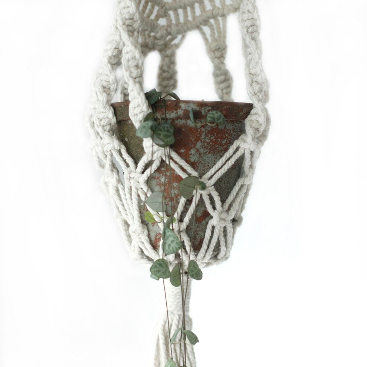 Long Macrame Pot Holder With Ratten Hoop