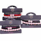 Gemstone double power bracelets on display cards with 'Love & Harmony' and 'Rose Quartz' text.