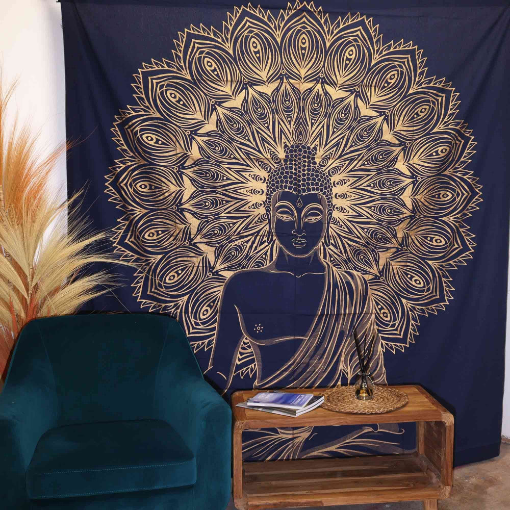 Buddha Cotton Bedspread & Wall Hanging – Blue & Gold | Double