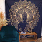 Buddha Cotton Bedspread & Wall Hanging – Blue & Gold | Double