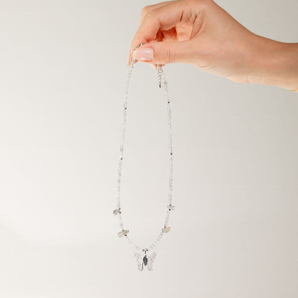 Nymph Labradorite Gemstone Necklace | Real Leaf Butterfly Pendant