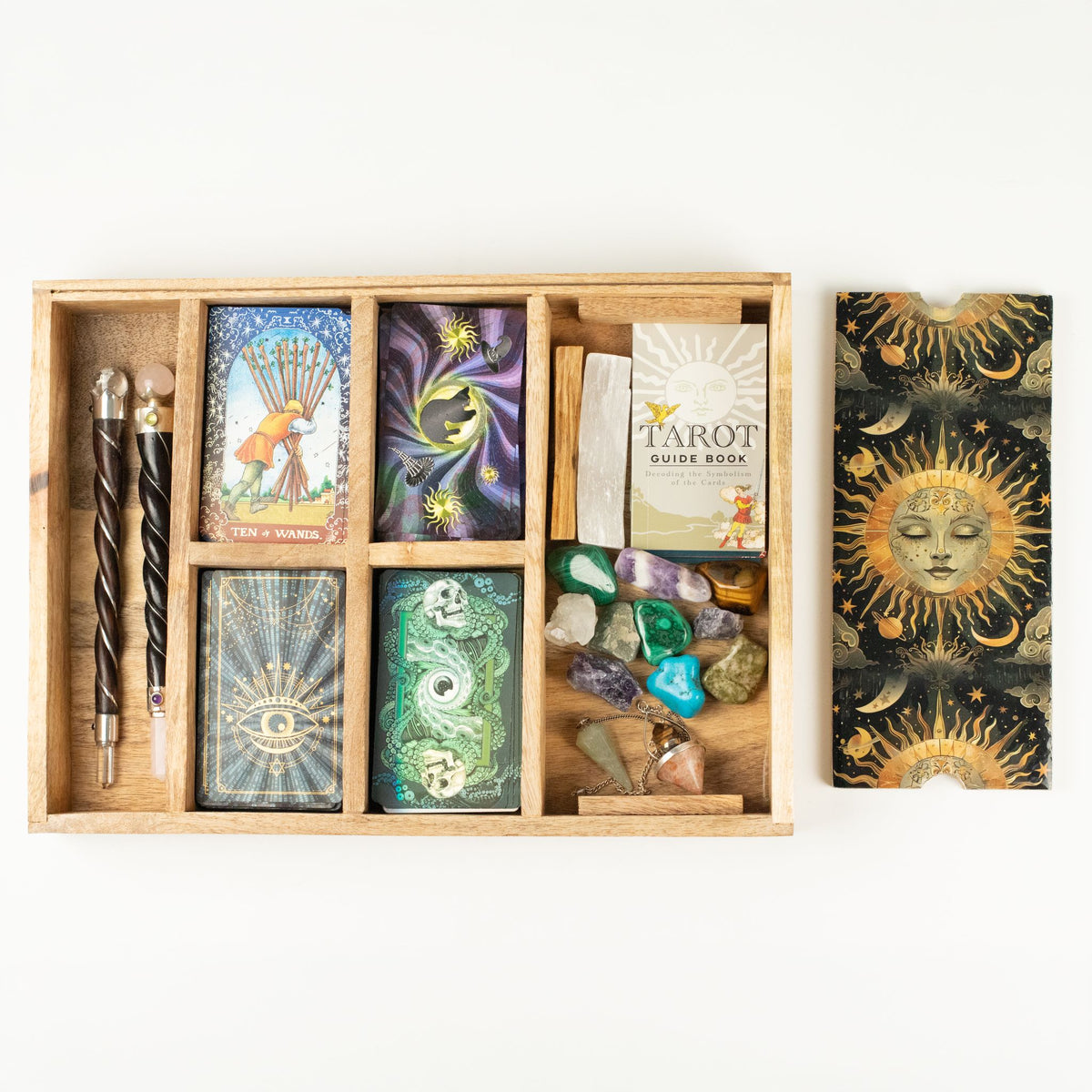 Sun Goddess Mango Wood Tarot Tray with Card Storage