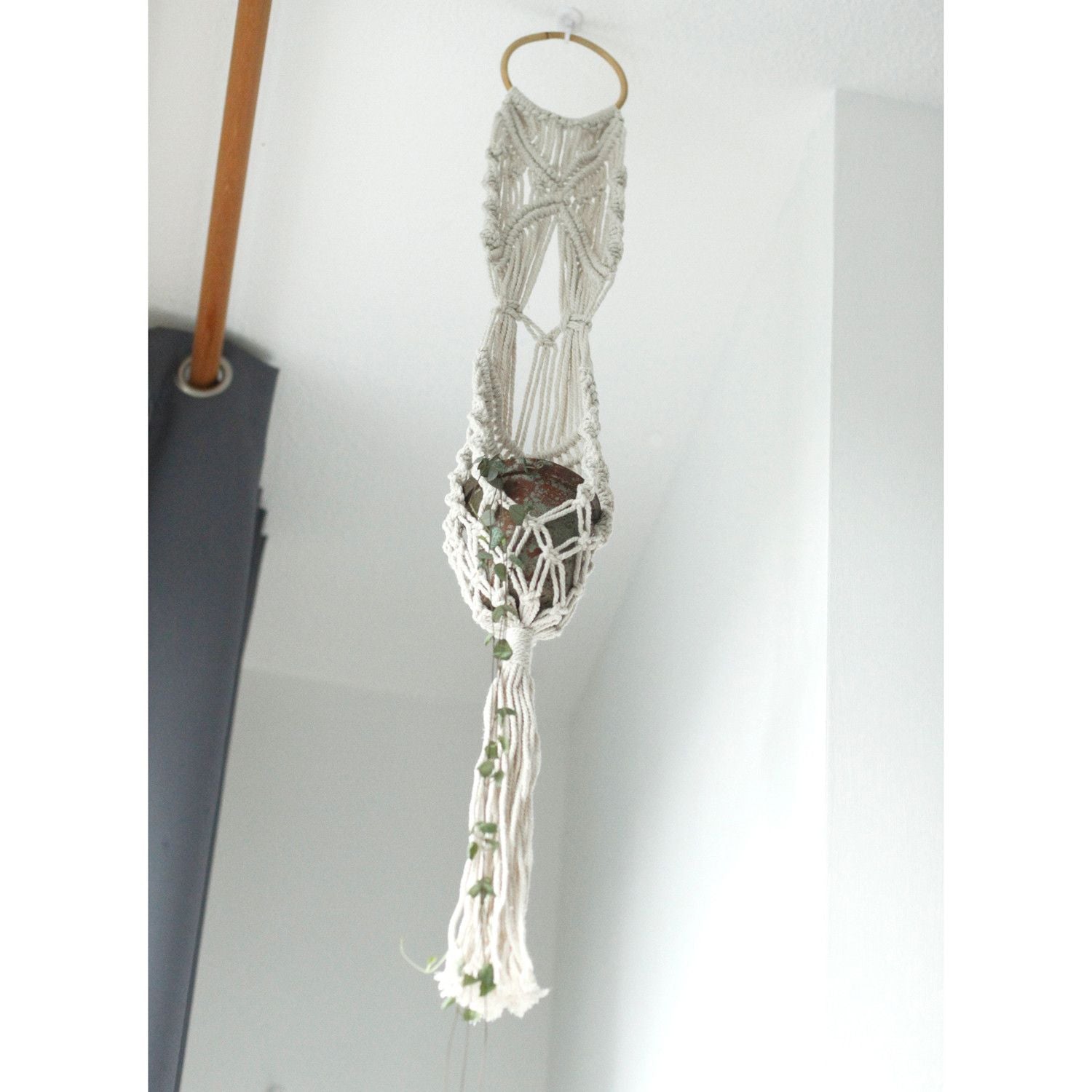 Long Macrame Pot Holder With Ratten Hoop