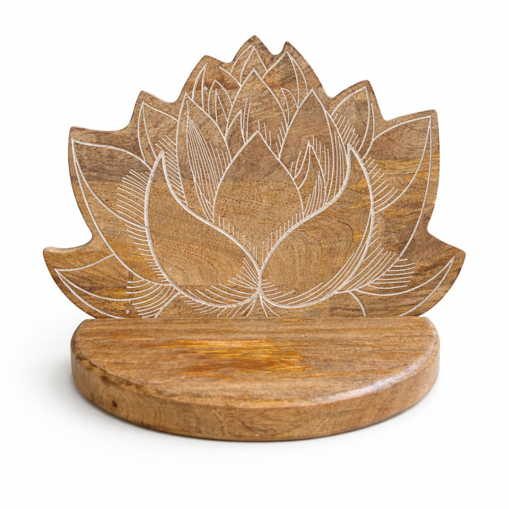 Lotus Carved Wall Shelf | Whitewash Mango Wood | Boho Home Décor