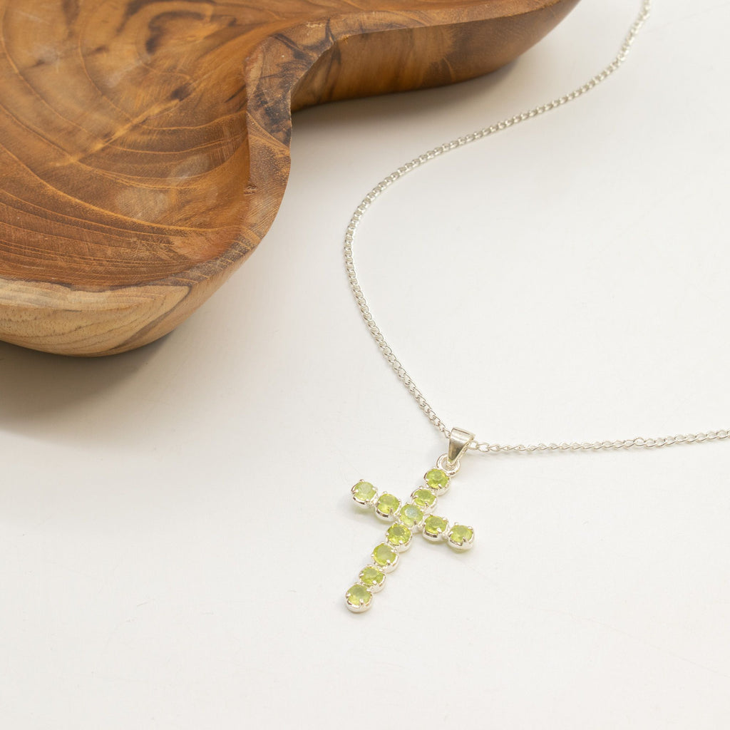 Peridot Crucifix Pendant | Silver Plated | 45cm Chain