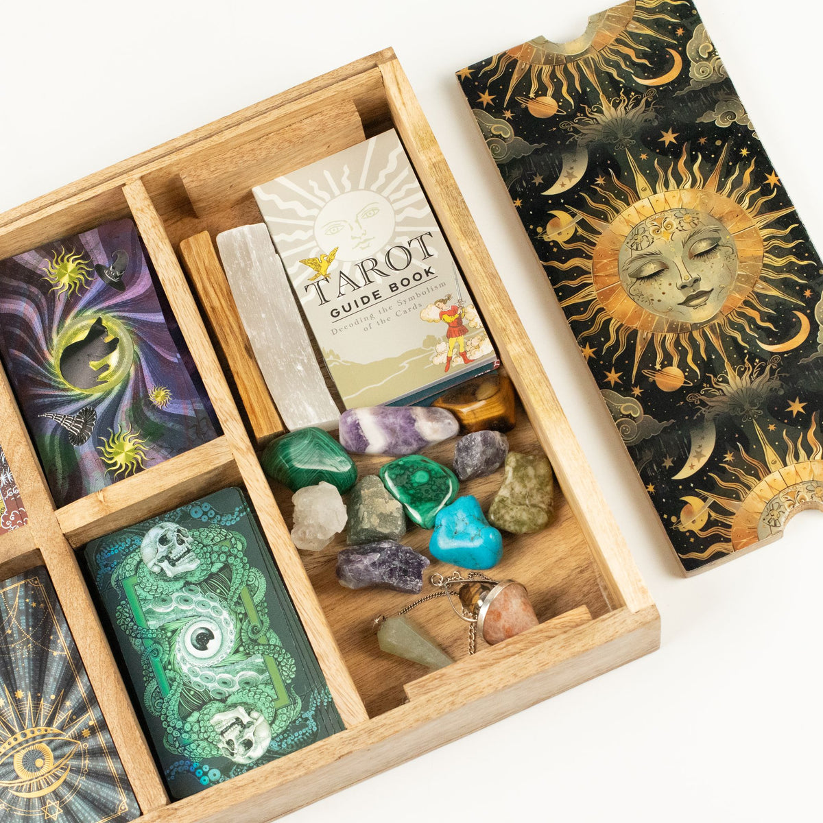 Sun Goddess Mango Wood Tarot Tray with Card Storage