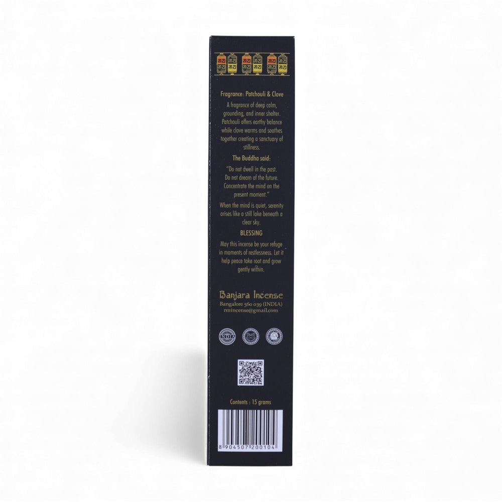 Back view of a Banjara Incense packaging with text and branding on a white background