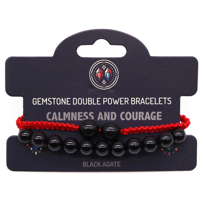 Black agate gemstone double power bracelets on a branded card with 'Calmness and Courage' text.
