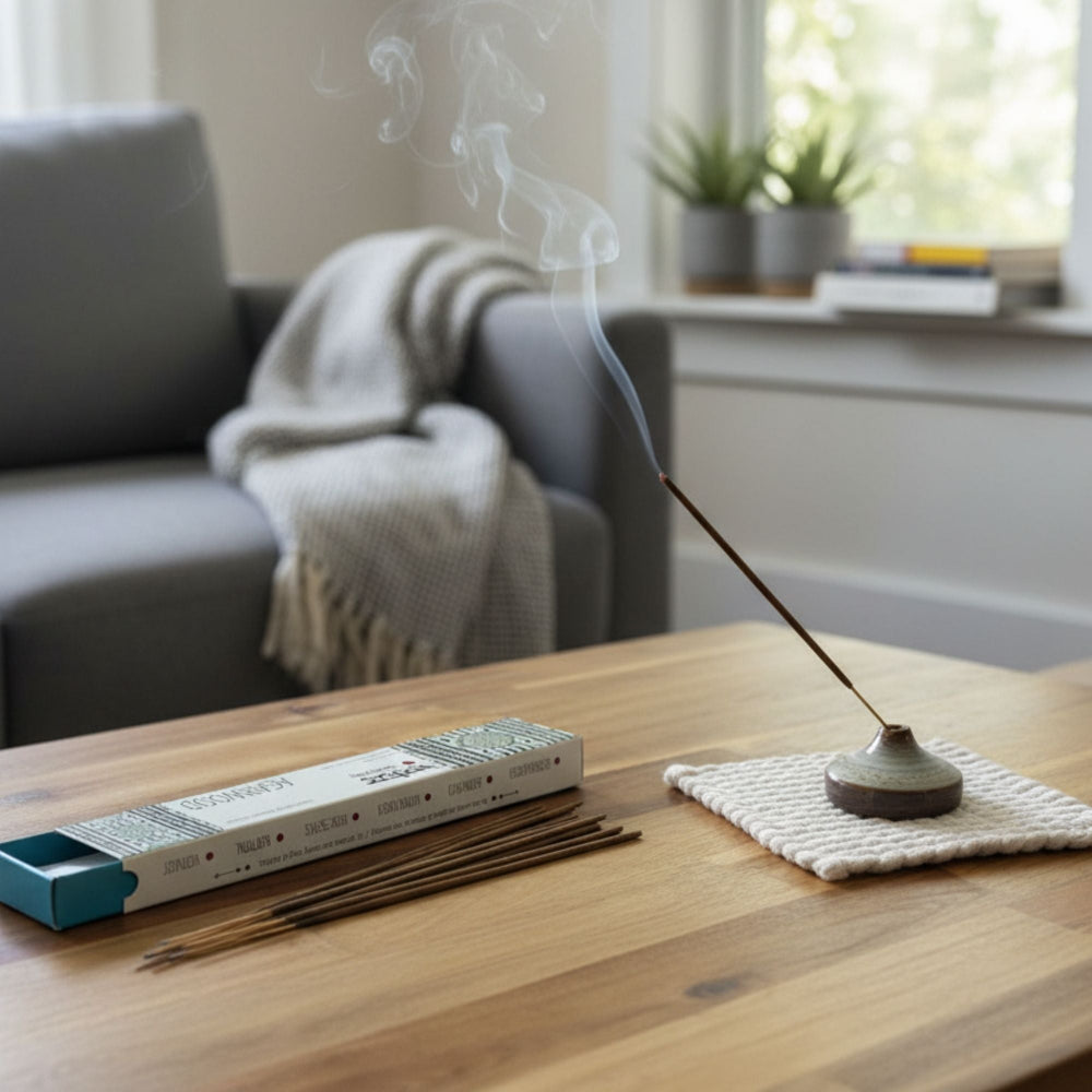 Incense stick burning on a wooden table with a box of incense and a sofa in the background.