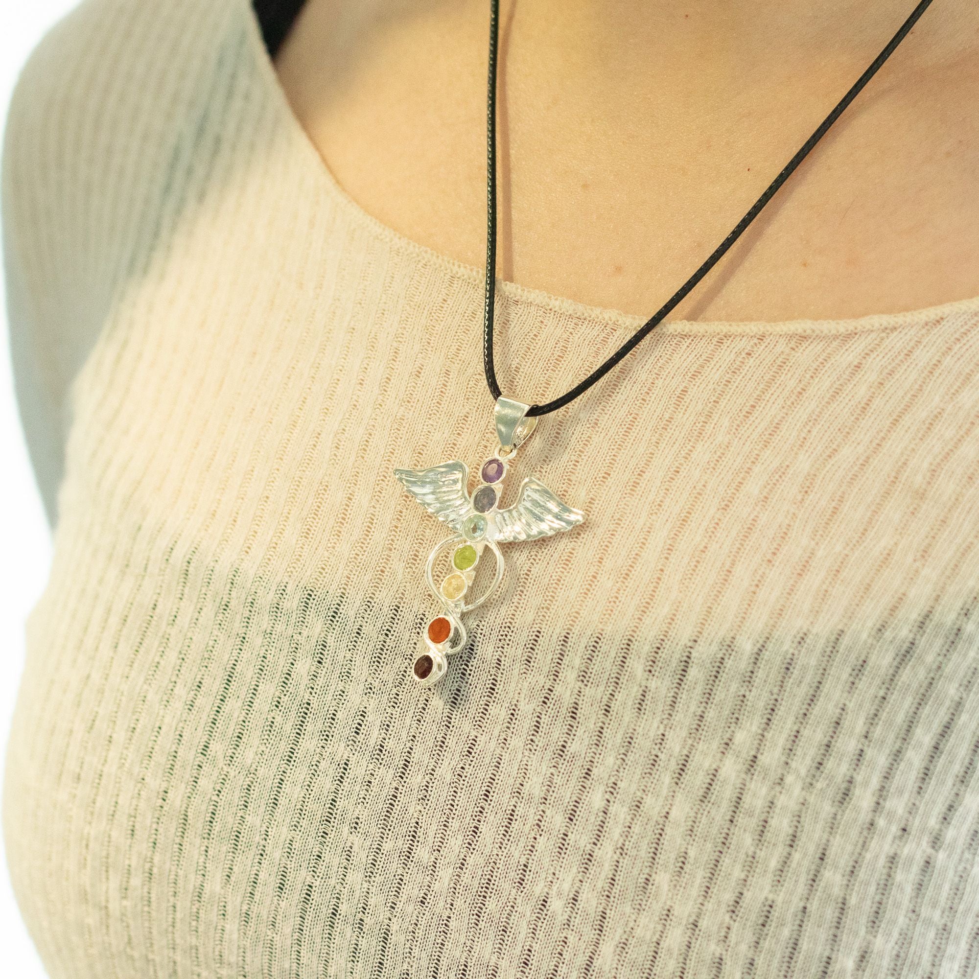 Indian Devotional Pendant - Silver Plated (45cm Cord)- Angel Chakra