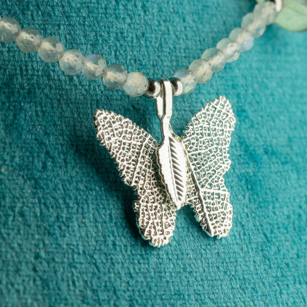 Nymph Labradorite Gemstone Necklace | Real Leaf Butterfly Pendant