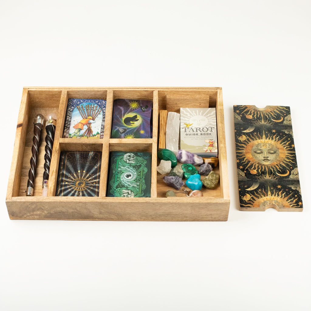 Sun Goddess Mango Wood Tarot Tray with Card Storage