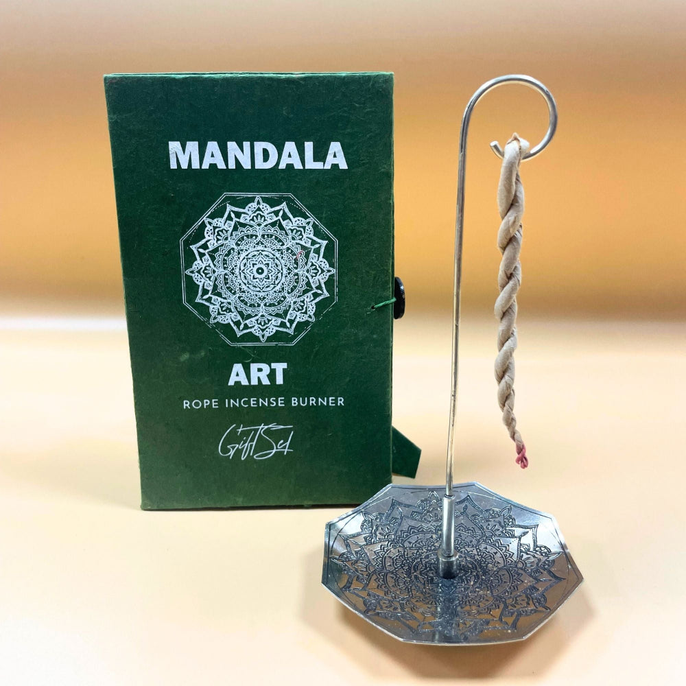 Mandala Flower Rope Incense and Silver Plated Holder Set