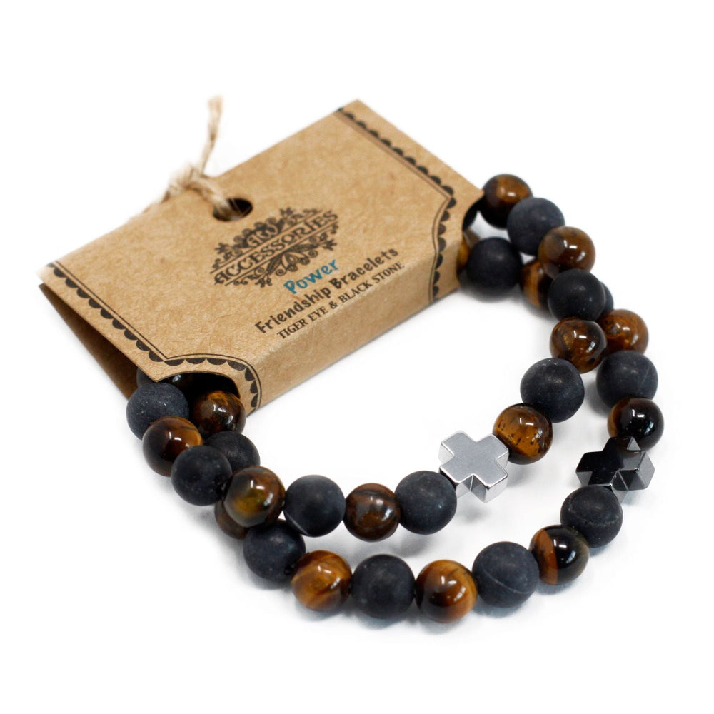 Tiger Eye & Black Stone Set of 2 Gemstones Friendship Bracelets - Power