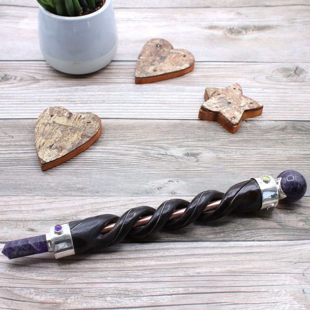 Spiral Carving Healing Wand — Copper Pipe & Amethyst