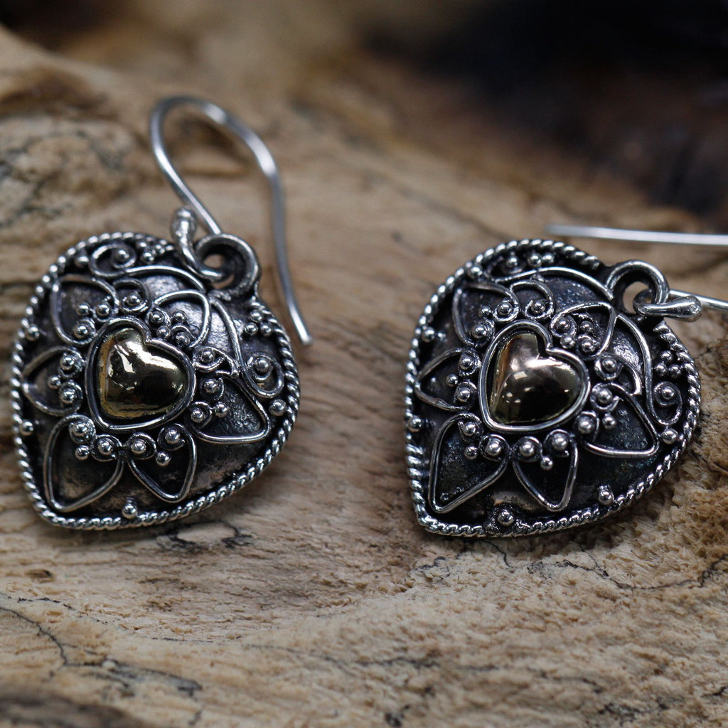 Mandala Hearts Silver & Gold Earrings