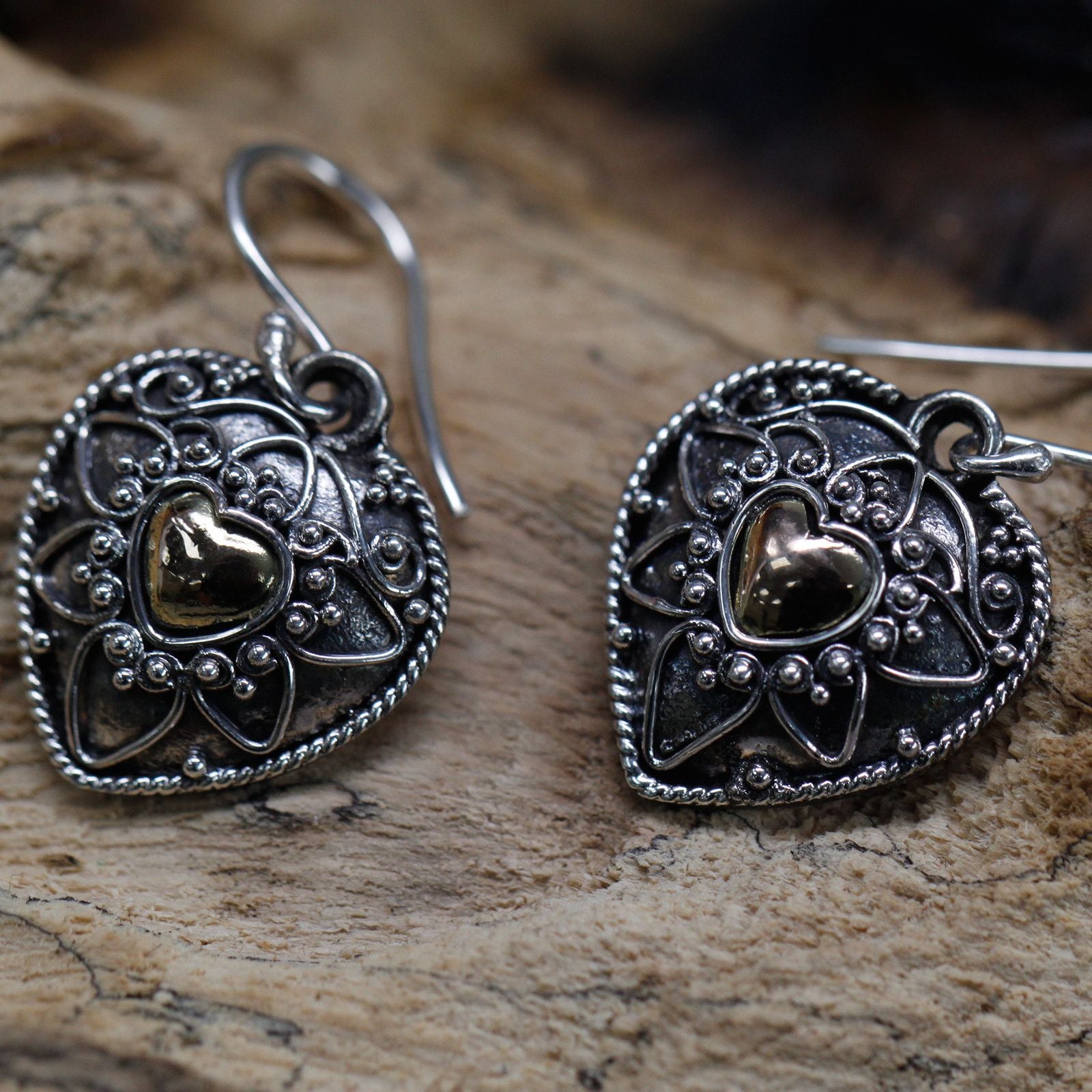 Mandala Hearts Silver & Gold Earrings