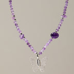 Nymph Amethyst Gemstone Necklace with Real Leaf Butterfly Pendant