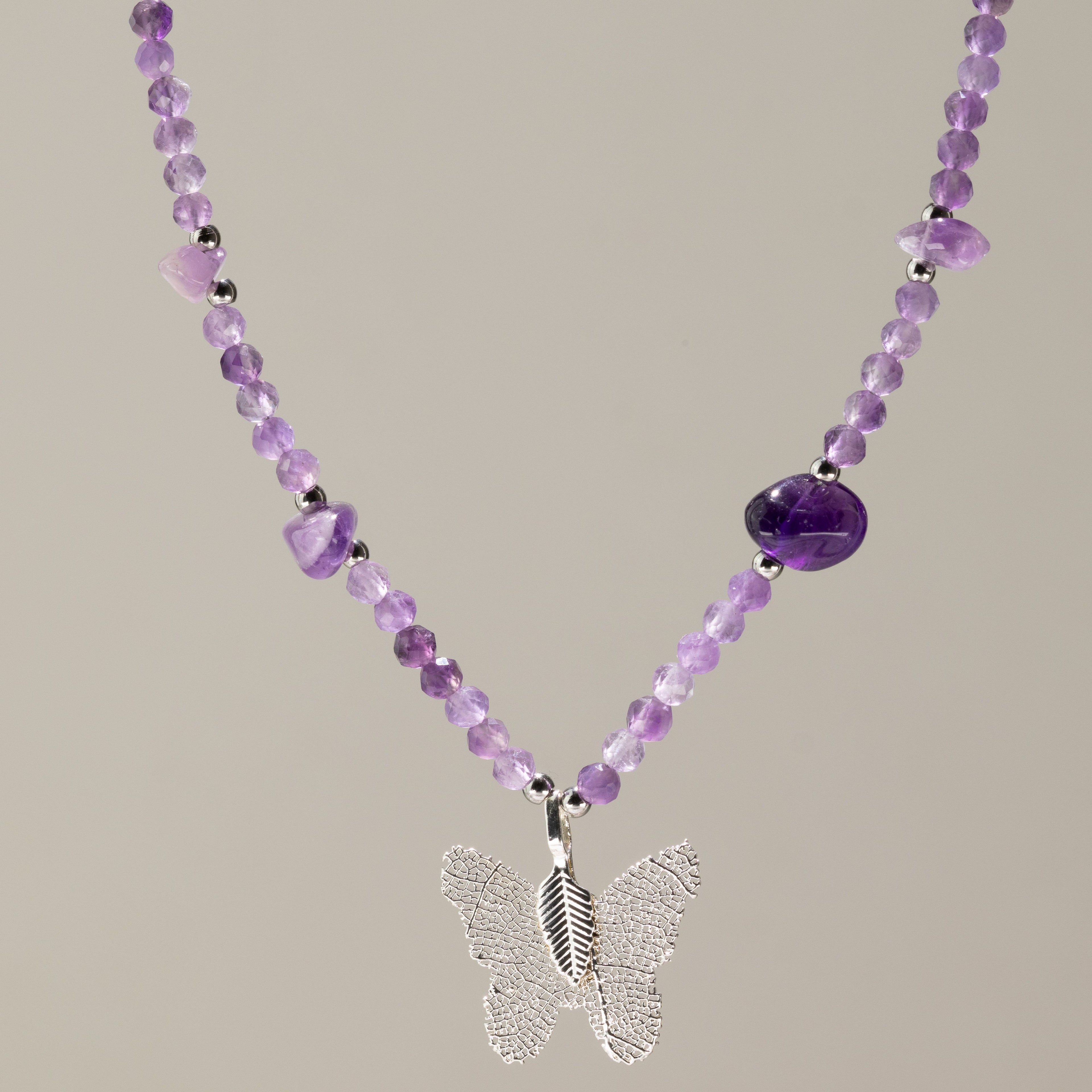 Nymph Amethyst Gemstone Necklace with Real Leaf Butterfly Pendant